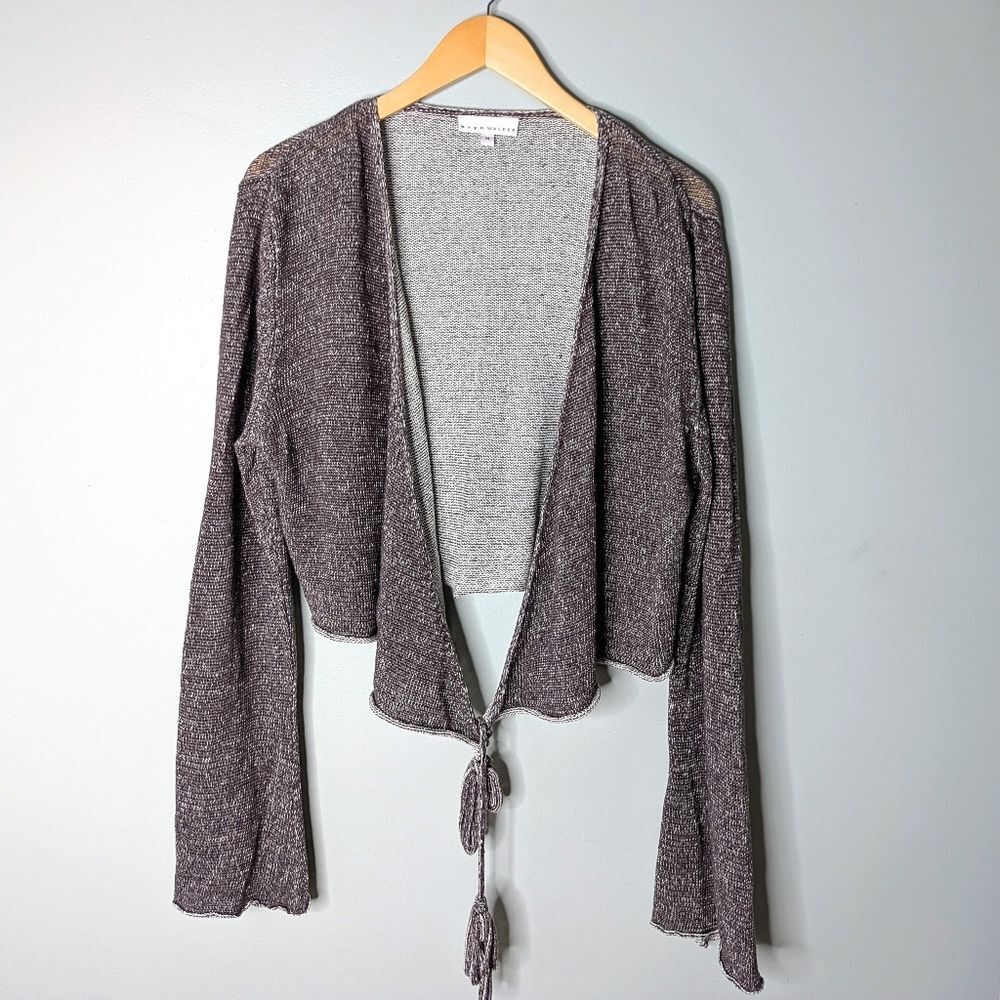 bryn WALKER 100% Linen Knit Long Sleeve Two Tone Cropped Open Wrap  Cardigan M